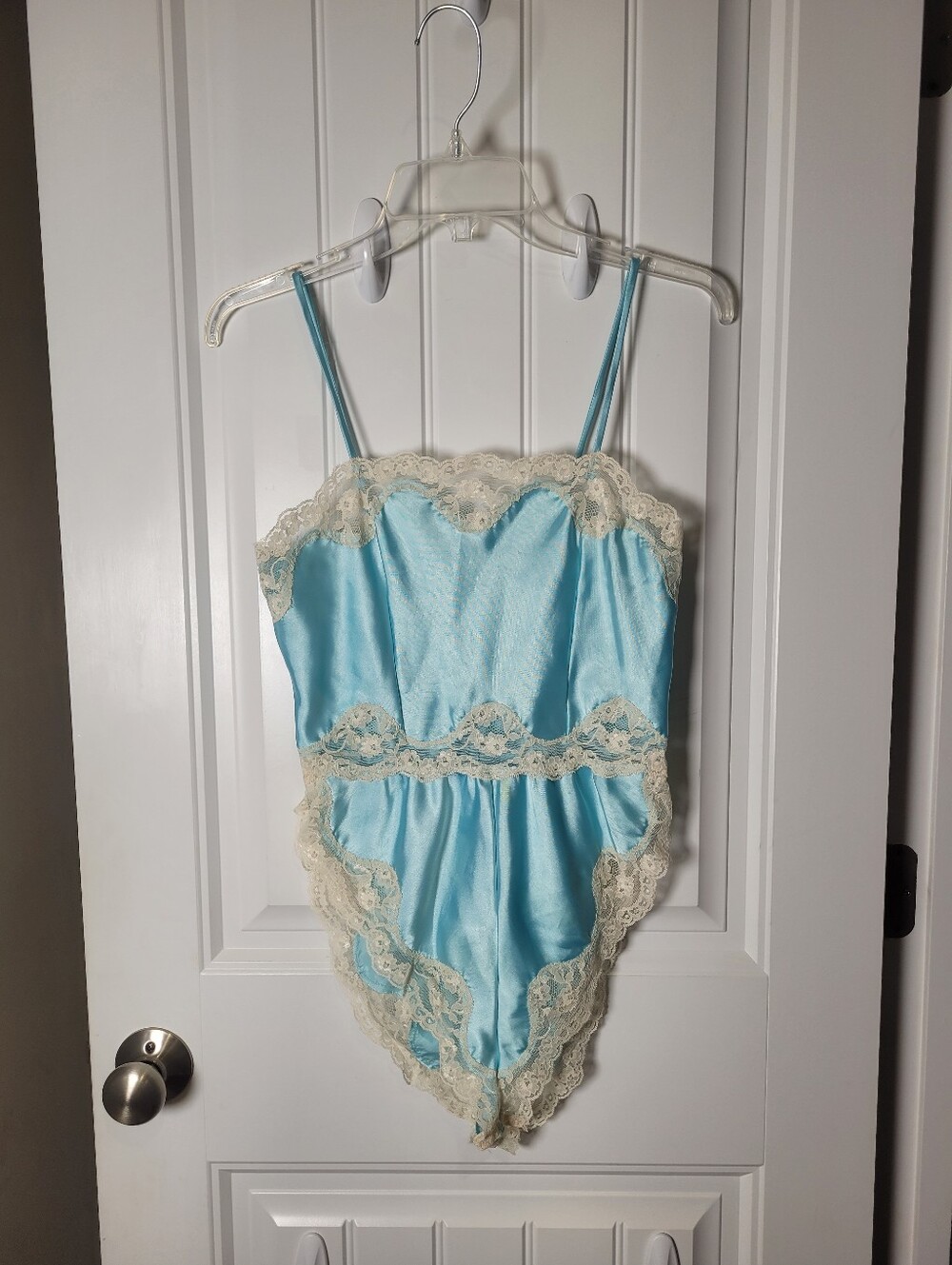 Ms. Leslee Vintage poly Satin Lace-Trim Teddy Bodysuit in Light Blue.